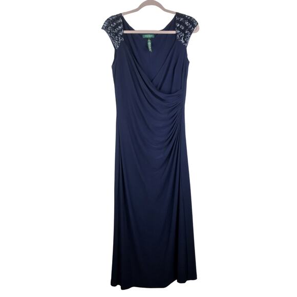 Lauren Ralph Lauren Evening Dress Maxi Navy Beaded Shoulders V-Neck Drape Sz 12 - Picture 1 of 12